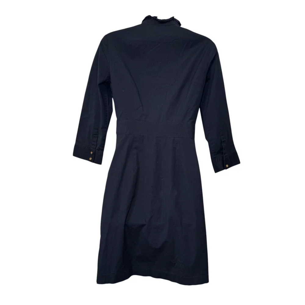 Tory Burch Navy Ruffle Shirt Dress Gold Buttons 3/4 Sleeve‎ Sz 4